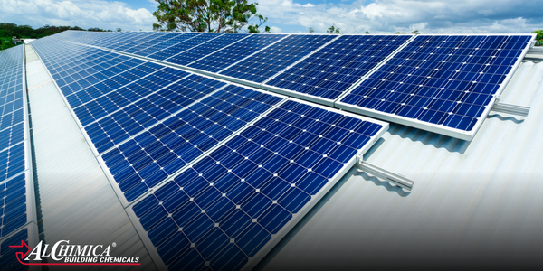 Solar photovoltaic panels on a commercial roof supporting energy efficiency and net zero building performance.